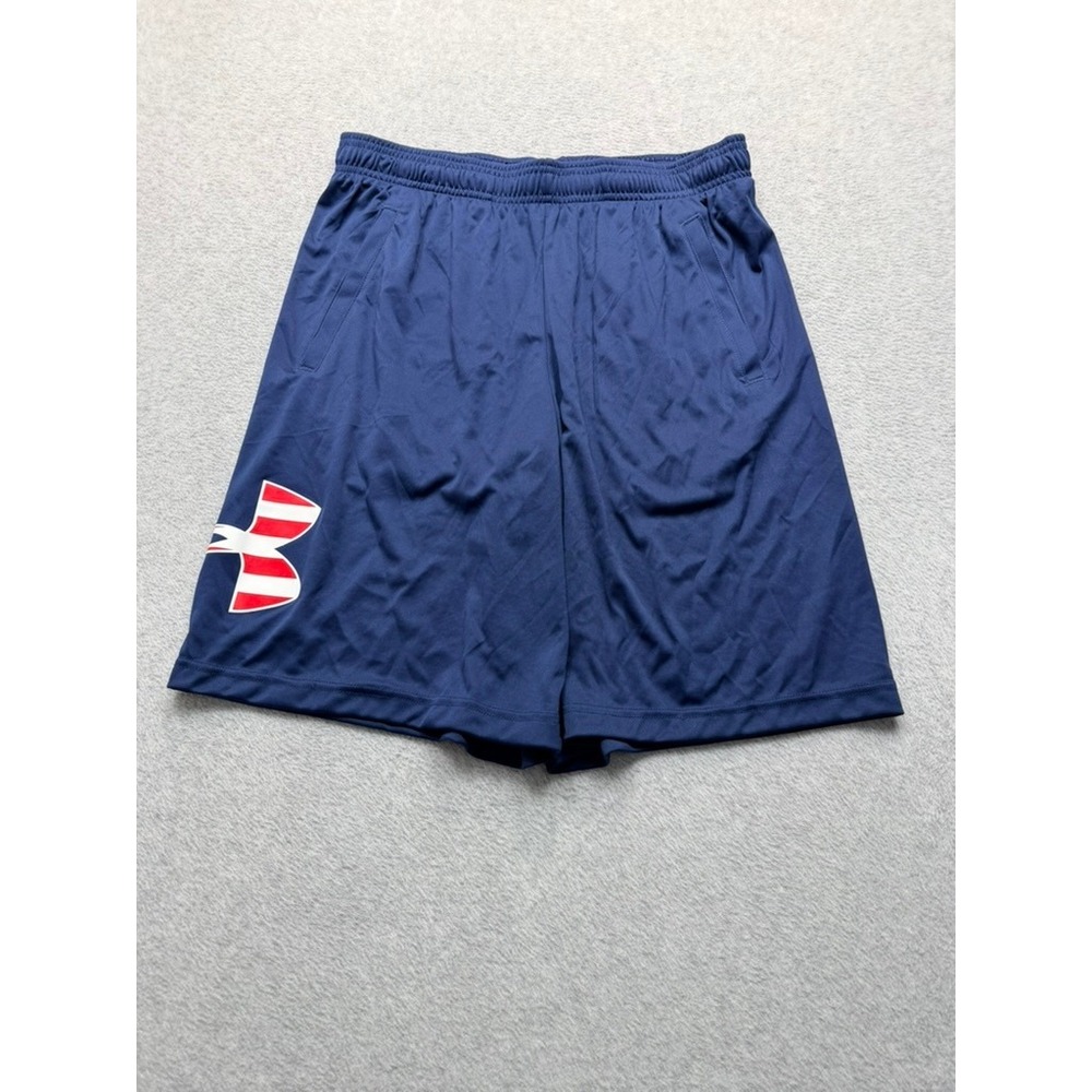 Under Armour Mens Navy Blue Loose Fit Athletic Shorts Patriotic Logo Large